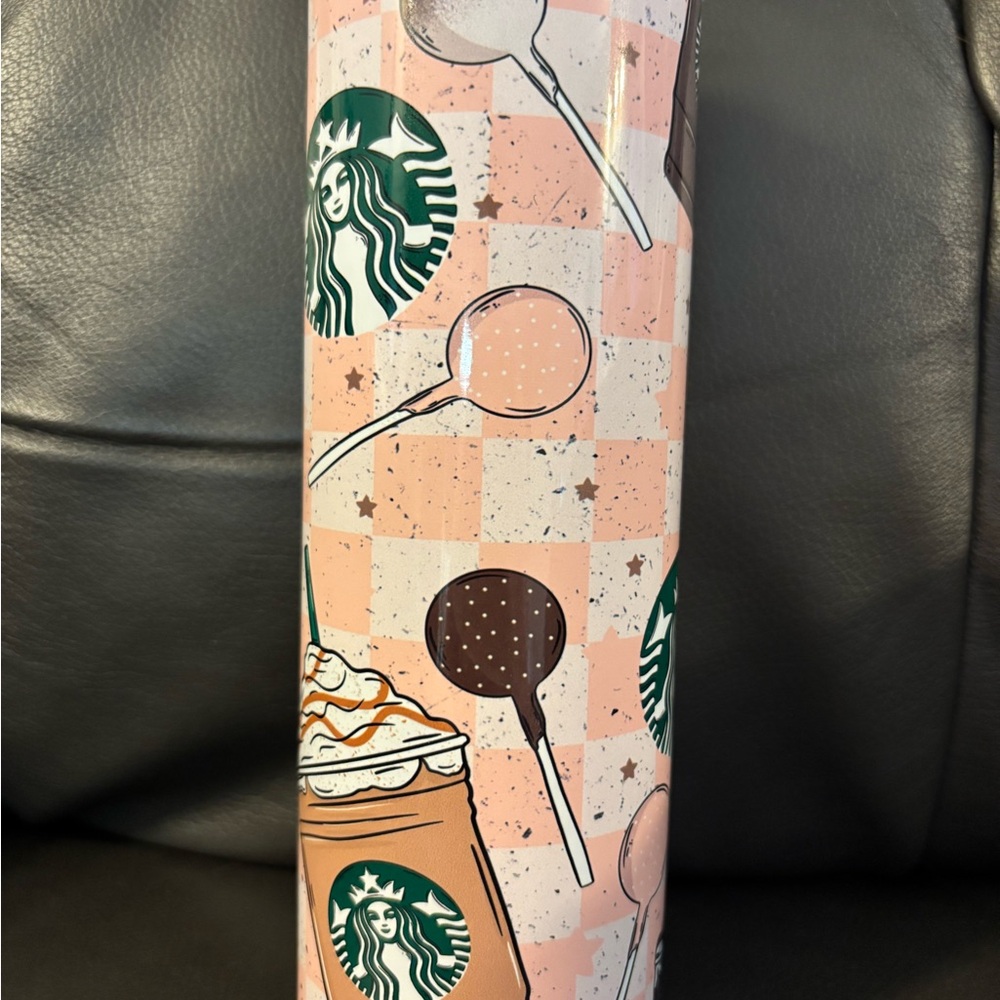 Starbucks Pink and White Tumbler with Coffee Art